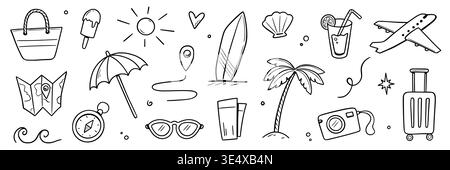 Sommer Beach Icon Reiseelement Set. Handgezeichneter Doodle Line Sommerurlaub, Skizzensonne, Seereise. Niedliche Strandfigur, Sonnenbrille, Grafikelemente der Kamera. Vektorabbildung Stock Vektor