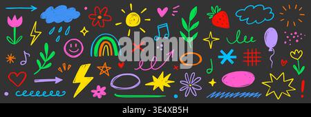 Buntstift Linie Symbol Pastell Set. Buntstift Linie Symbol handgezeichnet Bleistift Pastellfarbe Pinsel Kreide Scribble Textur. Niedliches Kind Kinder Regenbogen Herz Stern Sonne Wolke Blume Baby Lächeln. Vektorabbildung Stock Vektor