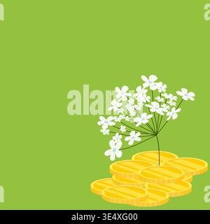 Blume wächst aus goldenen Münzen Vektor auf blauem Hintergrund. Finanzwachstum, Investitionserfolg und Wohlstandskonzept. Business Design-Vorlage Stock Vektor