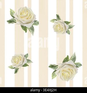 Ein elegantes Aquarellmuster mit weißen Rosen und grünen Blättern auf einem beigefarbenen vertikalen Streifenhintergrund, das florale Designelemente und die zeigt Stockfoto