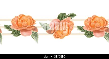 Nahtlose Aquarellwiederholung von bemalten orangen Rosen mit grünen Blättern mit horizontalen beigen Streifen. Stockfoto