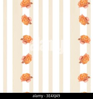 Vertikale, beige Streifen in Aquarellfarben mit sich wiederholenden orangen Blumenmustern, die sich entlang zweier paralleler Linien abwechseln. Stockfoto