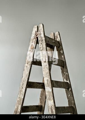 Eine lackierte Leiter, die für die Gebäudewartung verwendet wird, steht in einem Raum mit einer einfachen Hintergrundwand. Stockfoto