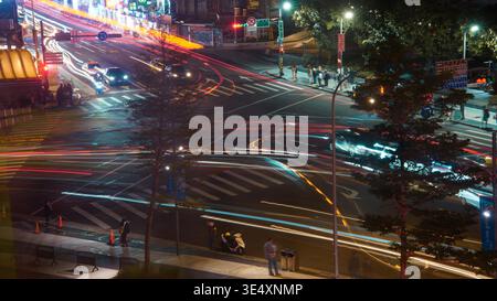 Lange Belichtungsdauer erfasst farbenfrohe Lichtspuren aus dem Verkehr an der geschäftigen Kreuzung des Shilin Nachtmarktes bei Nacht. Stockfoto