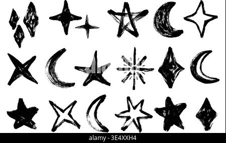 Set mit Pinselsternen und Mondformen. Mit dem Pinselstrich von Hand zeichnen Sie Sterne und Mond mit Kritzelung. Kreide künstlerische Vektorraumformen. Stock Vektor