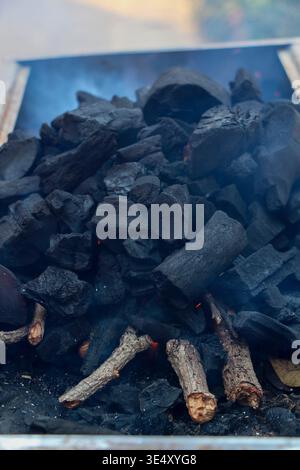 Brennende Holzkohlebriketts, die mit hellen orangen Flammen und heißer Glut glühen, erzeugen intensive Hitze für das Grillen auf Grillplätzen im Hinterhof, Campingplätzen, an Stockfoto