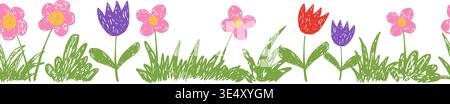 Kindliche Kinder zeichnen Blumenränder mit Gras, Blumenkreide oder Kreide. Frühlingssommerpflanzen, nahtloses Wiesenschmuck. Vektorabbildung Stock Vektor