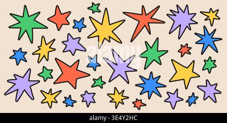 Doodle Star Set. Farbenfrohe, handgezeichnete funkelnde Formen Stock Vektor