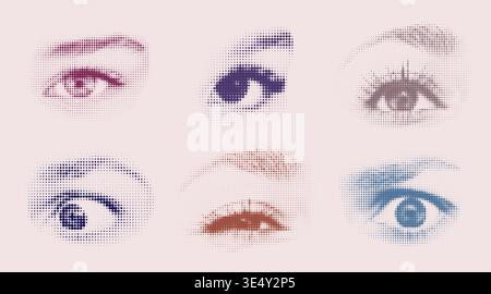 Halbtonansammlung menschlicher Augen. Set aus trendigen Collage-Elementen Eye Sight. Moderner Grunge-Stil. Stock Vektor