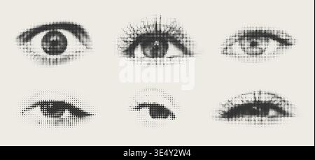 Halbtonansammlung menschlicher Augen. Set aus trendigen Collage-Elementen Eye Sight. Moderner Grunge-Stil. Stock Vektor