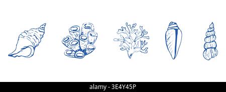 Blaue Muscheln und Seesterne zeichnen handgezeichnete Illustrationen, Küstenillustration. Minimalistische Strichkunst. Designelemente für den Sommerurlaub für trendige Prints. Vektorabbildung Stock Vektor