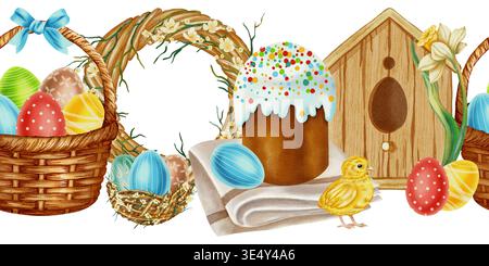 Ein nahtloser Rahmen in satten Aquarellen mit Osterküken, einem Vogelhaus, Frühlingsblumen wie Narzissen, Tulpen, Nestern und Eierkörben. Perfekt für Stockfoto