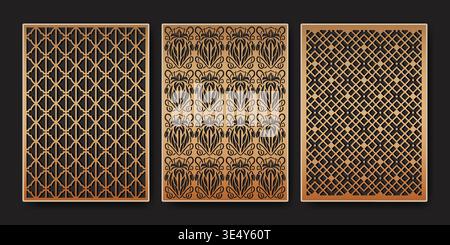 Lasergeschnittene geometrische Muster, abstrakte Vektorhintergründe. CNC-Holzplatten, -Schablonen und moderne dekorative Wandkunst mit dekorativen Griffelementen, eleganten Randschablonen, islamischen Rahmen Stock Vektor