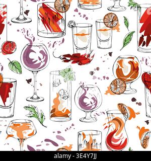 Sangria-Wein, Fruchtsaftwirbel, Eistee Sommergetränke, Minze und Flüssigspritzer. Nahtlose Cocktailfliese mit Zitrusscheiben. Handgezeichneter Tintenvektor für Stock Vektor