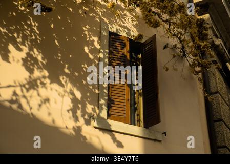 Eine Nahaufnahme von Holzläden, die komplizierte Schatten auf eine helle Wand werfen, was auf Sonnenlicht am frühen Morgen oder am späten Nachmittag hindeutet. Die Szene Stockfoto