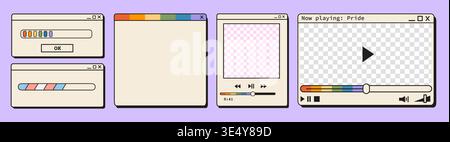 Retro-Fenster für Computer-Media-Player mit Ladebalken in Regenbogenfarben. Vintage y2k-Videoplayer-Rahmen, Musik-Schnittstelle, Fortschrittsanzeige für Transgender-Flag Stock Vektor