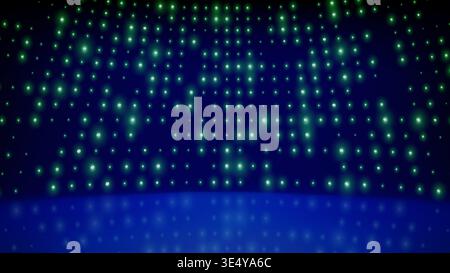 Blinkende LED-Wandleuchten im Hintergrund, Bühne. Blau grün leuchtende Punkte abstrakter Hintergrund. Abstrakter Hintergrund im technischen Stil. Helle flackernde Bühnenlichter Stock Vektor