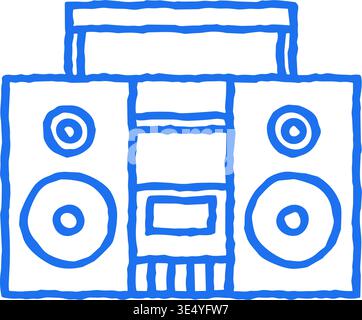 Ein blaues handgezeichnetes Kritzelchen einer Retro-Boombox. Eine Vektor-Illustration mit einer Grunge-Textur für ein skurriles, Old School Feeling. Für Symbole, Aufkleber oder nos Stock Vektor