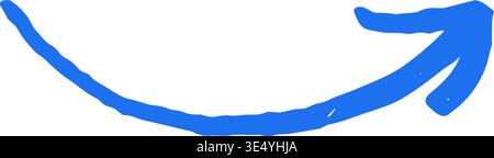 Handgezeichnetes blaues, gekrümmtes Pfeilkritzelchen. Skurriler Zeiger mit Grunge-Textur für Design. Einfaches Symbol für die rechte Richtung zur Navigation. Kreativ und künstlerisch Stock Vektor