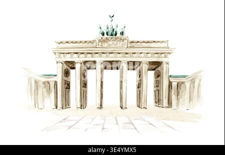 Brandenburger Tor in Berlin, Wahrzeichen Deutschlands. Handgezeichnete Aquarellillustration isoliert auf weißem Hintergrund Stockfoto