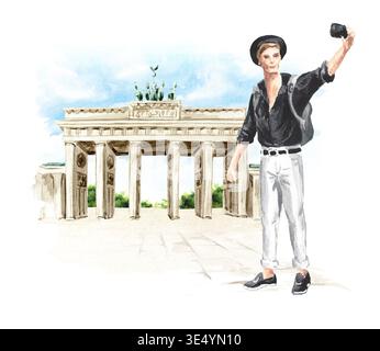 Brandenburger Tor in Berlin, Wahrzeichen Deutschlands. Der Tourist macht ein Selfie. Handgezeichnete Aquarellillustration, isoliert auf weißem Hintergrund Stockfoto