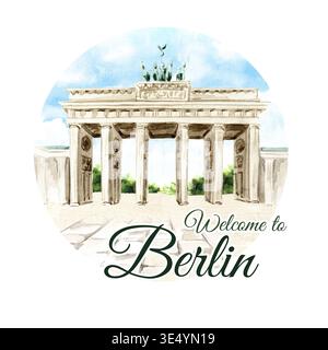 Brandenburger Tor in Berlin, Wahrzeichen Deutschlands. Willkommen bei Berlin Card Concepts. Handgezeichnete Aquarellillustration, isoliert auf weißem Hintergrund Stockfoto