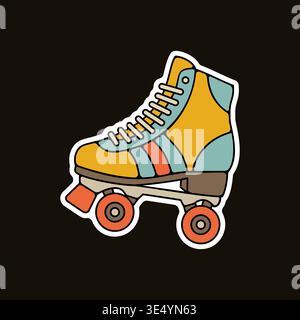 Ein farbenfroher Retro-Rollschuh mit klassischem Design auf dunklem Hintergrund. Vektor-Groovy-Aufkleber Auf Lager Stock Vektor