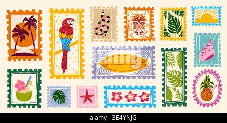 Vintage Sommer handgezeichnete Briefmarken mit tropischen Strandelementen, Postkartenrahmen, Vektoraufkleber Illustrationen. Exotische Urlaubsmotive, Retro-Reisedesign und Küstendrucke mit Palme, Papagei Stock Vektor