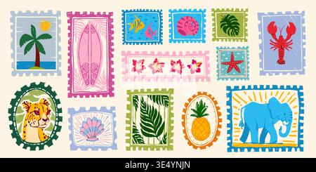 Vintage Sommer handgezeichnete Briefmarken mit tropischen Strandelementen, Postkartenrahmen, Vektoraufkleber Illustrationen. Exotische Urlaubsmotive, Retro-Reisedesign und Küstendrucke mit Palmblättern Stock Vektor
