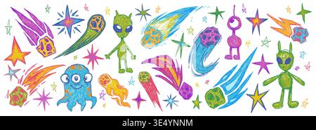 Hand gezeichnete Raum-Kritzeleien mit Buntstift-Textur, Karikaturvektor-Illustration isoliert auf weißem Hintergrund. Für kosmische Projekte und Universumsdesign für Kinder werden Kometen, Sterne und niedliche Außerirdische erschossen Stock Vektor