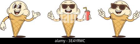Retro-Zeichentrickfilm-Eiscreme-Set. Maskottchen begrüßt, hält Drinks, zeigt Friedenszeichen. Lustige Vektor-Illustration für Aufkleber, Emoji oder Markenlogo Stock Vektor