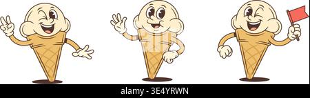Set mit Retro-Zeichentrickfiguren aus Eis. Maskottchen zeigt Friedenszeichen, winkt Hand, hält Flagge. Freundliche Vektorillustration für Aufkleber, Emoji oder Marke Stock Vektor