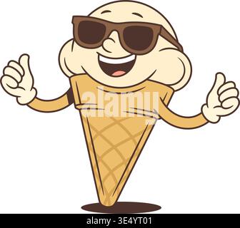 Coole Retro-Cartoon-Eisfigur in Sonnenbrille mit Daumen nach oben. Positives Vintage-Maskottchen für eine Sommerparty oder ein Café-Menü. Flippige Vektor-Illustration Stock Vektor