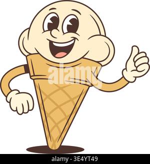 Glückliche Retro-Cartoon-Eisfigur mit Daumen nach oben. Positives Vintage-Maskottchen für eine Sommerparty oder ein Café-Menü. Flippige Vektor-Illustration für eine St Stock Vektor