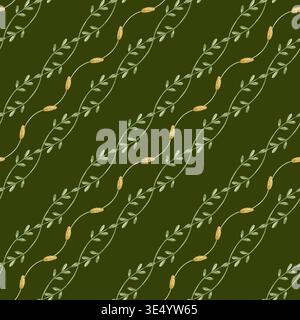 Diagonales nahtloses Muster mit miteinander verflochtenen dünnen grünen Zweigen und Grasspitzen auf dunkelgrünem Hintergrund. Botanisches Ornament mit Blättern Stockfoto