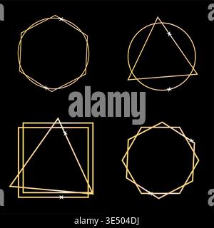 Geometrische Rahmenset. Goldene Vektorformen. Luxuriöses Rahmendesign. Schwarzer Hintergrund. Nur manueller Vektor. Kein autotrace verwendet. EPS 10. Stock Vektor
