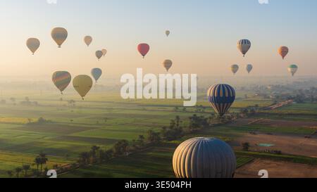 Dichte Gruppe von bunten Heißluftballons, die bei Sonnenaufgang über üppige grüne Felder und Palmen in Luxor, Ägypten, schweben Stockfoto