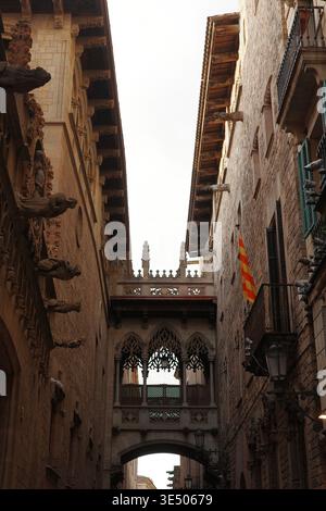 Die neogotische Brücke Pont del Bisbe über Carrer del Bisbe, das gotische Viertel, Barcelona, Spanien – verzierte Steinbögen und katalanische Flagge zwischen historischen Gebäuden. Stockfoto
