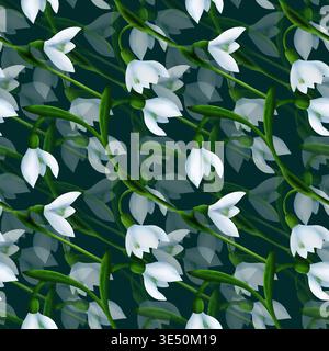 Weiße Schneeglöckchen, grüne Äste. Nahtloses botanisches Blumenmuster. Digitales Aquarell, handgezeichnet Stockfoto