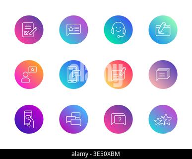 Symbole für digitales Feedback eingestellt. Verlaufsrunder Vektorpiktogramme für Überprüfungen, Bewertungen, Umfragen und Kommunikation. Stock Vektor