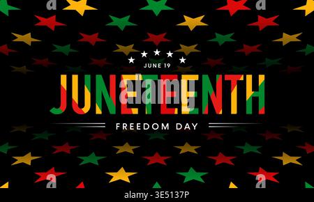 Juneteenth Banner mit Text auf Sternen Muster, Freiheitstag Hintergrund mit gelber, roter und grüner Flagge Typografie, Emanzipation Day Poster, Unabhängigkeit Stock Vektor