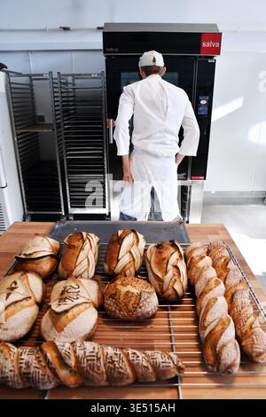 ein handwerklicher Bäcker, der in einer professionellen Backstube arbeitet, mit einer Auswahl an frisch gebackenen, geschlitzten Broten auf einem Holztisch - Frankreich Stockfoto