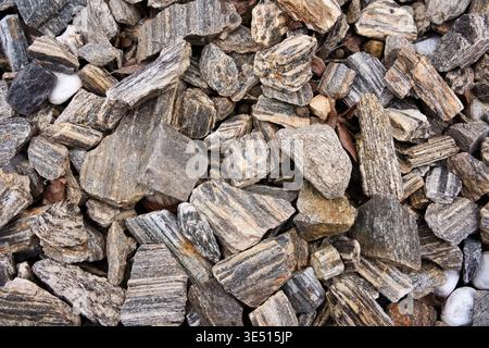 Blick von oben auf gestreifte metamorphe Felsen und Kies, dekorative Gartensteine mit einzigartigen grauen und weißen Mustern, natürliche mineralische Textur Hintergrund Stockfoto