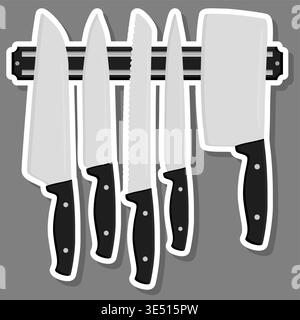 Illustration zum Thema großes farbiges Set verschiedene Arten Messer unterschiedliche Größe für Metzger, Kit-Messermuster bestehend aus Sammlungszubehör für die Metzgerei Stock Vektor