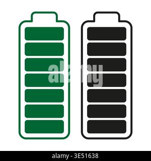 Vollständiger Akku-Satz. Grüne Stromzelle. Energiestatus Vektor. Schwarzes Ladesymbol. Nur manueller Vektor. Kein autotrace verwendet. Stock Vektor