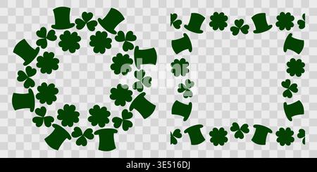 Minimalistische Kreis- und Quadrat-Rahmen Kopierraum-Vorlage aus Leprechaun-Hüten und Kleeblättern. Vektor-Illustration St. Patrick Day Grüße oder Werbedekorative Elemente, Preis, Etiketten, Preisschild Stock Vektor