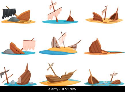 Schiffswrack-Szenen. Cartoon kaputte Schiffe, Boote am Sandstrand, im Wasser. Das Schiff ist auf Steinen oder Felsen gebrochen. Versenktes Holzschiff, orl Brigantine, sapid Stock Vektor
