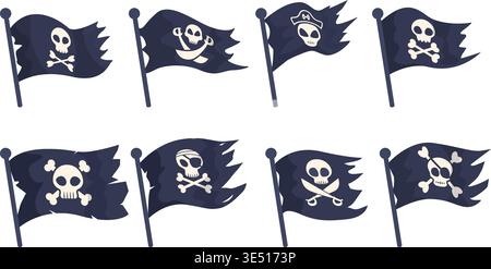 Piratenflaggen. Schwarze Jolly roger Flagge mit gekreuzten Knochen, Schädel, Schwert oder Säbel. Piratin-Symbole, Elemente für Schiffe, Reisetransporte, Schiffe, LKW Stock Vektor