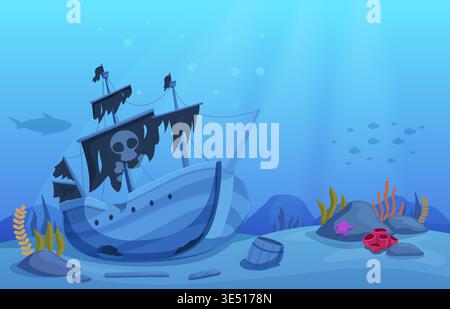 Versunkenes Piratenschiff. Verfallenes altes hölzernes Segelboot mit zerrissener Piratenfahne auf dem Meeresboden. Unterwasser-Illustration, Schiffssilhouetten, Algen, sapid-Vektor Stock Vektor