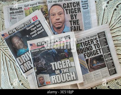 Die Zeitung New York Post berichtet über den DUI-Unfall des Golfstars Tiger Woods, New York City, USA, März 2026 Stockfoto